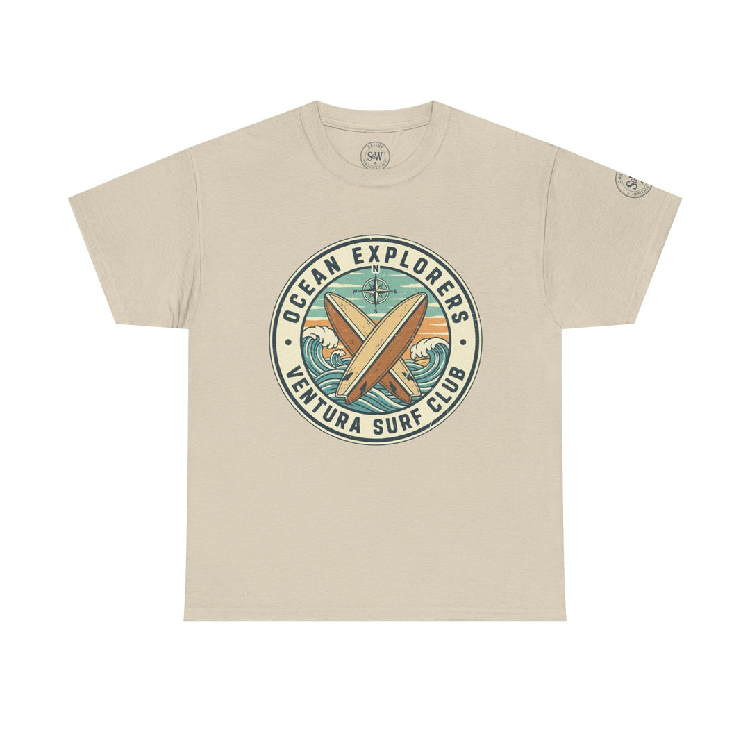 Beige t-shirt by S&amp;W Gallus featuring a circular "Ventura Surf Club" graphic with crossed surfboards and ocean waves.