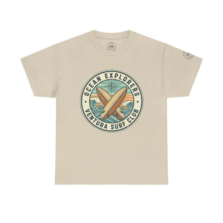 Beige t-shirt by S&amp;W Gallus featuring a circular "Ventura Surf Club" graphic with crossed surfboards and ocean waves.