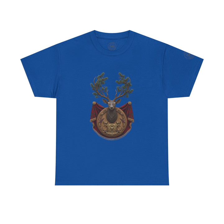 Royal blue t-shirt by S&amp;W Gallus featuring a stag crest graphic on the chest.