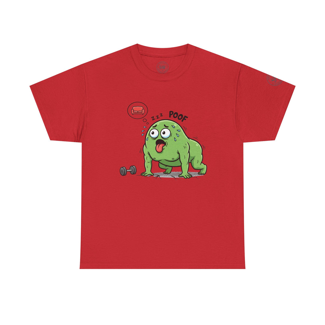 Red short-sleeve t-shirt by S&amp;W Gallus with a humorous cartoon monster graphic and dumbbell.