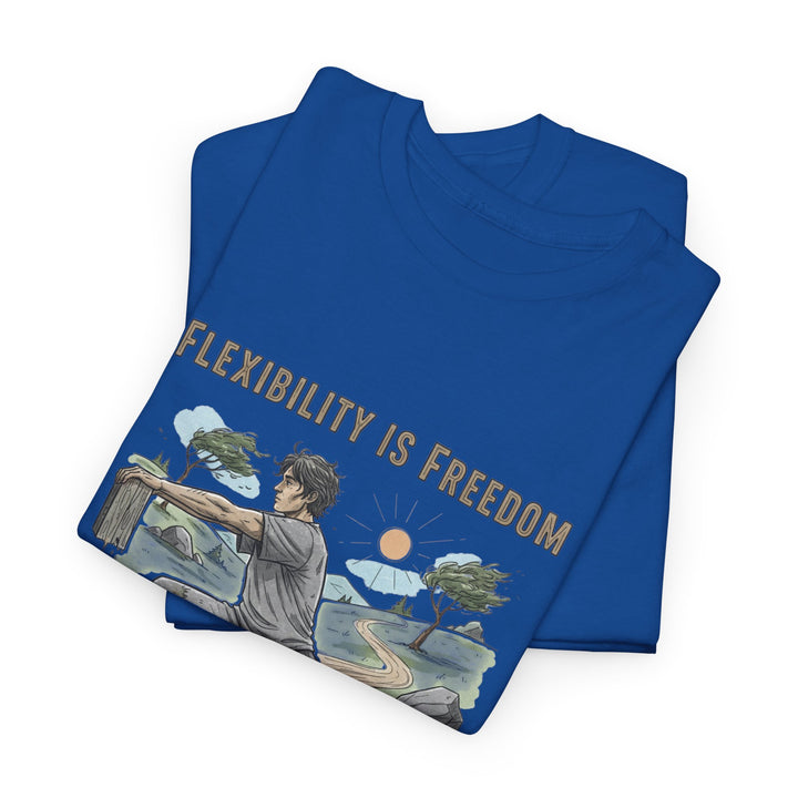 Flexibility Is Freedom Tee – soft, breathable cotton featuring a motivational design. Perfect for yoga, Pilates, stretching, or casual active lifestyle wear.