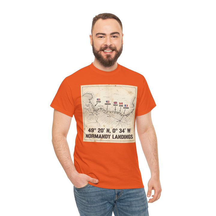 Orange t-shirt with a Normandy landings map by Veteran owned, worn with jeans.