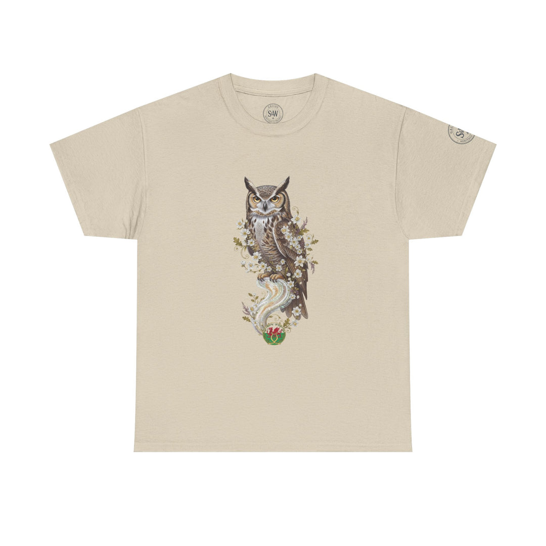 Beige graphic t-shirt by S&amp;W Gallus featuring an owl and floral design on the front.