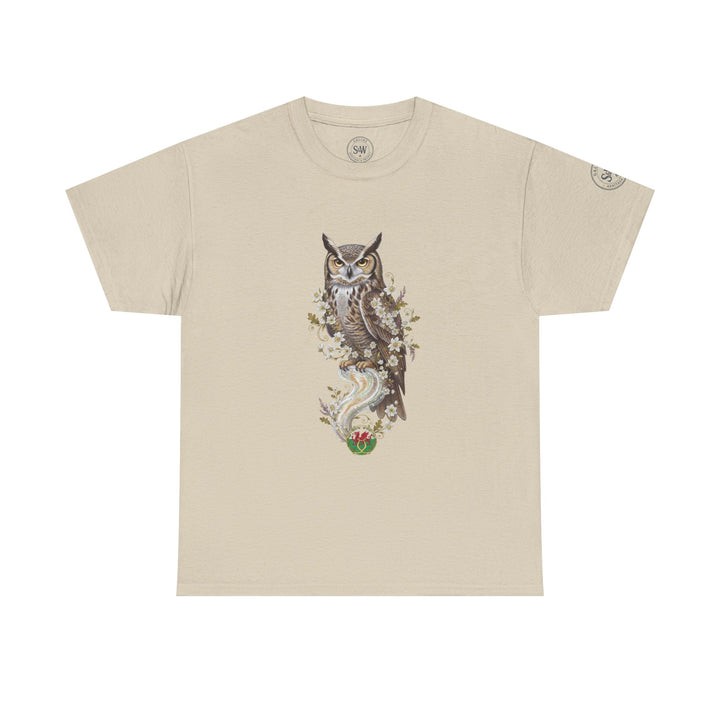 Beige graphic t-shirt by S&amp;W Gallus featuring an owl and floral design on the front.