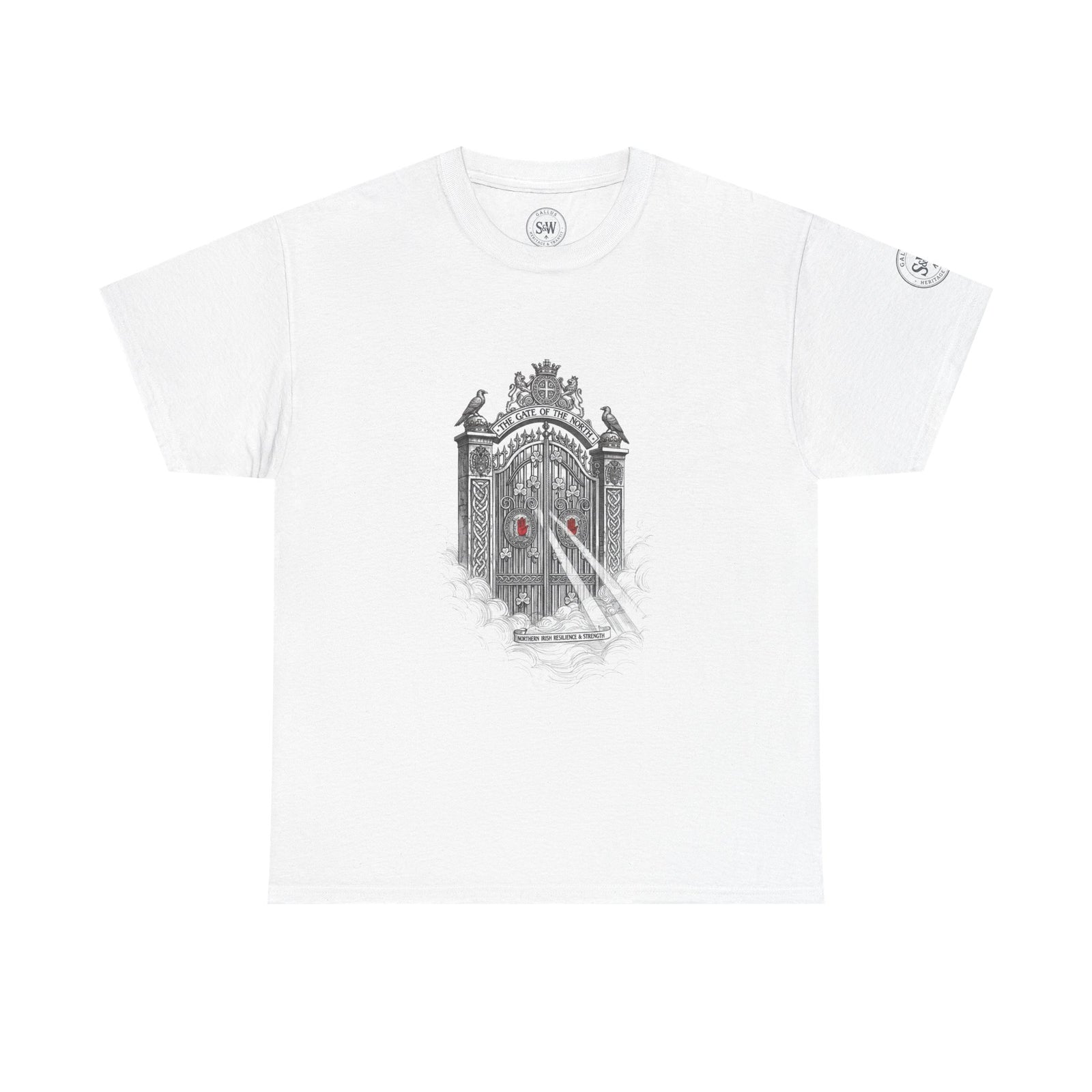 White Ulster Gate graphic tee by S&W Gallus, featuring black graphic print of gate and clouds.