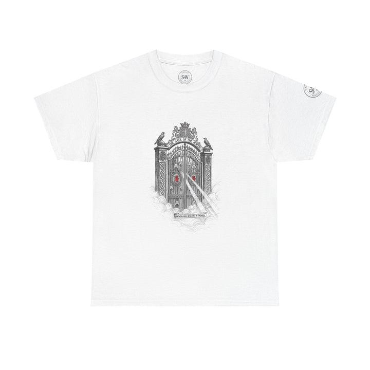 White Ulster Gate graphic tee by S&amp;W Gallus, featuring black graphic print of gate and clouds.