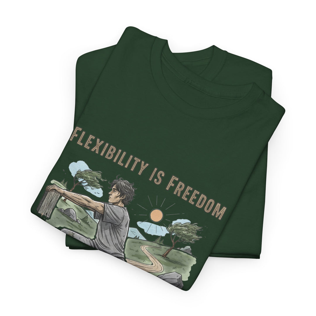 Flexibility Is Freedom Tee – soft, breathable cotton featuring a motivational design. Perfect for yoga, Pilates, stretching, or casual active lifestyle wear.