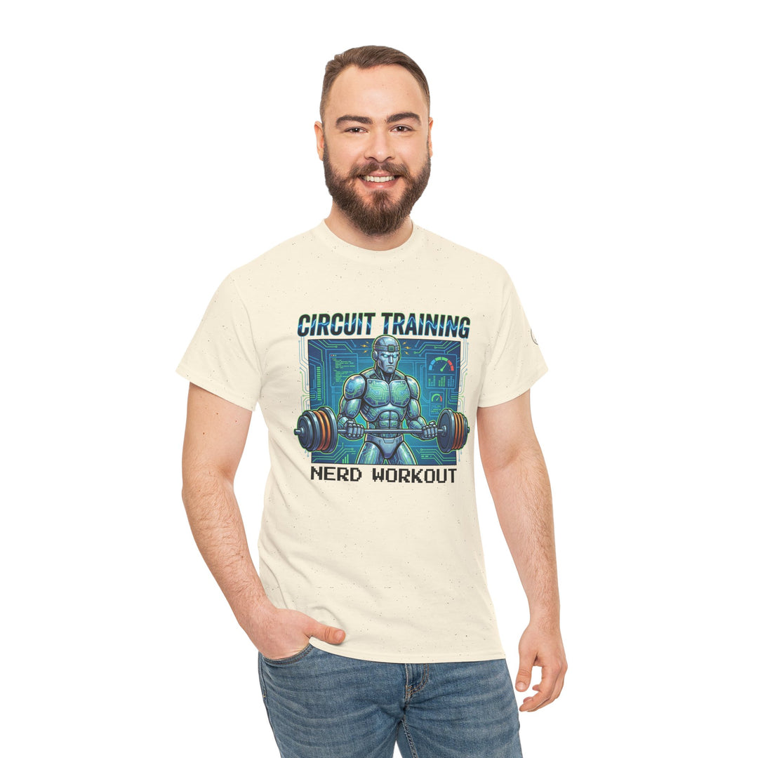 T-shirt with "Circuit Training Nerd Workout" graphic by Veteran owned, worn with jeans by a smiling man with a beard.