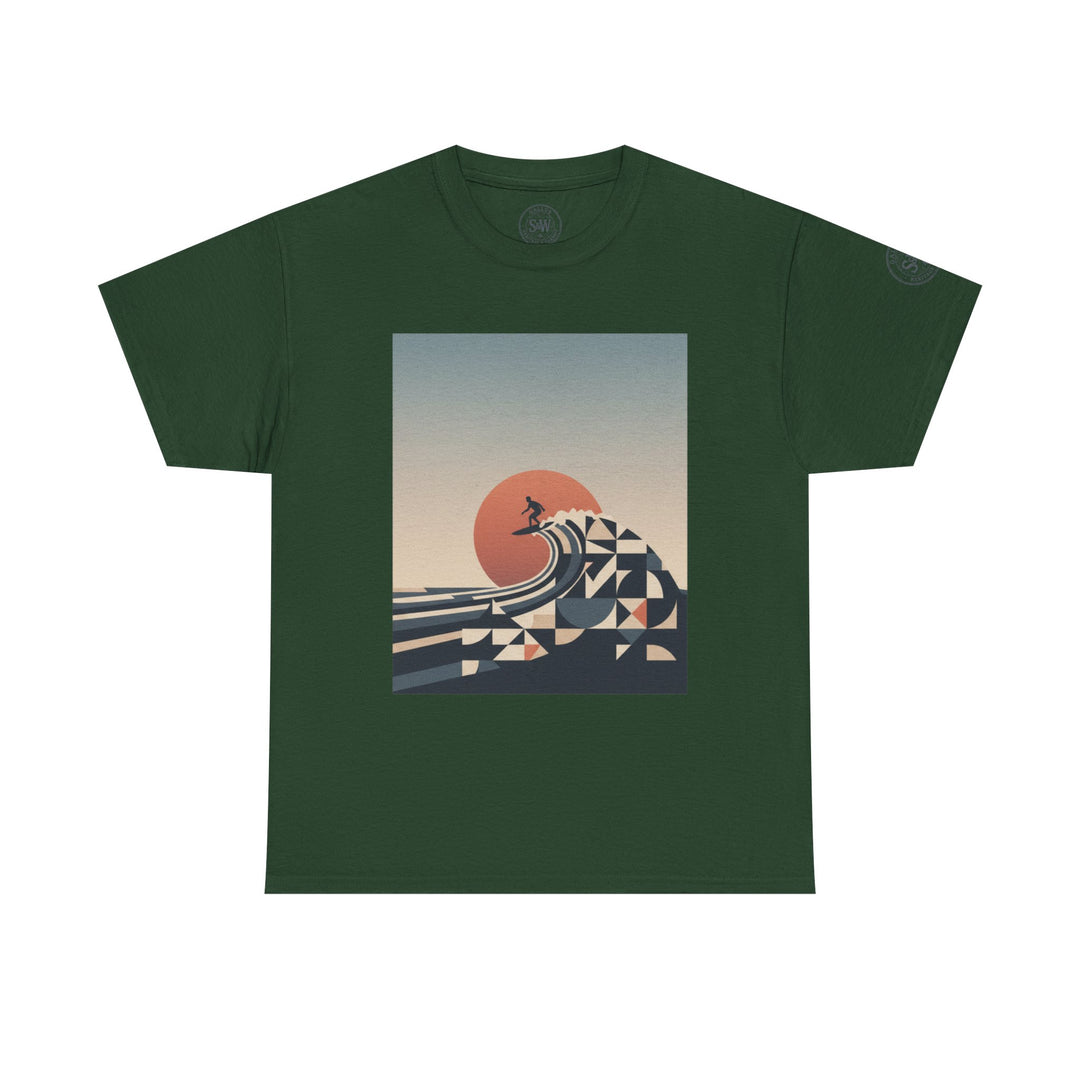 Green t-shirt by S&amp;W Gallus, featuring a graphic of a surfer riding a geometric wave at sunset.