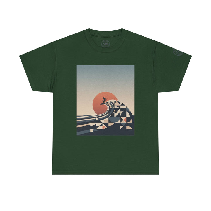 Green t-shirt by S&amp;W Gallus, featuring a graphic of a surfer riding a geometric wave at sunset.