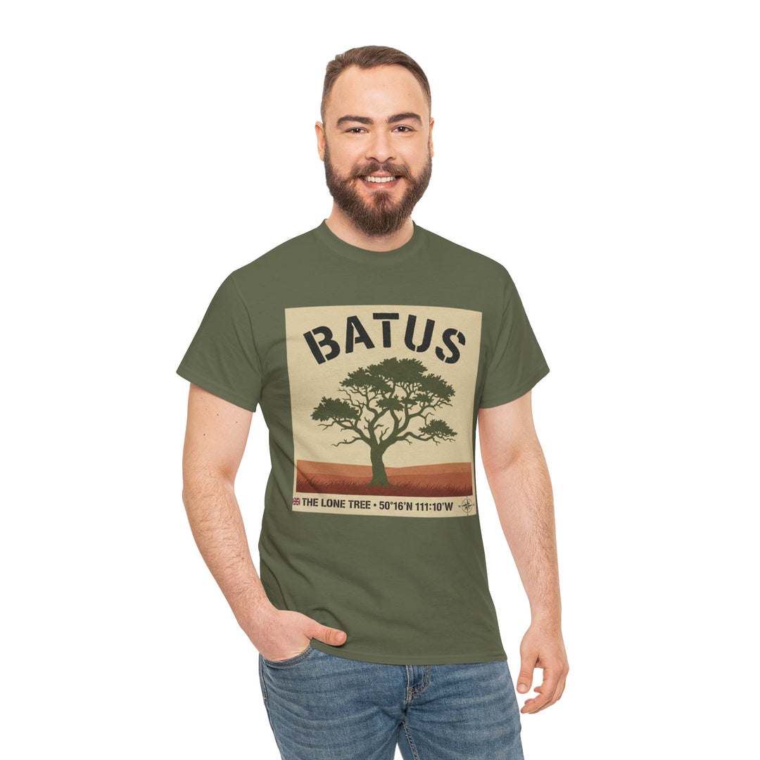 Olive green t-shirt by S&amp;W Gallus, featuring a vintage safari tree graphic on the front, styled with denim jeans.