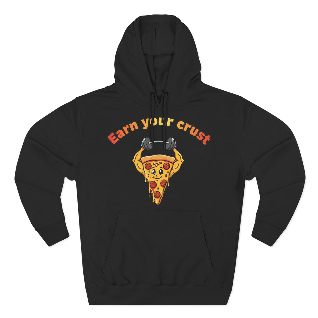 Black hoodie by S&amp;W Gallus, featuring a cartoon pizza slice lifting weights, with the phrase "Earn your crust" above.