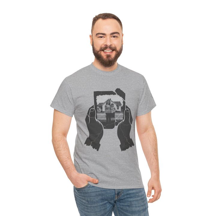 Gray T-shirt by S&amp;W Gallus, featuring a faded photograph being held by two hands on the front.