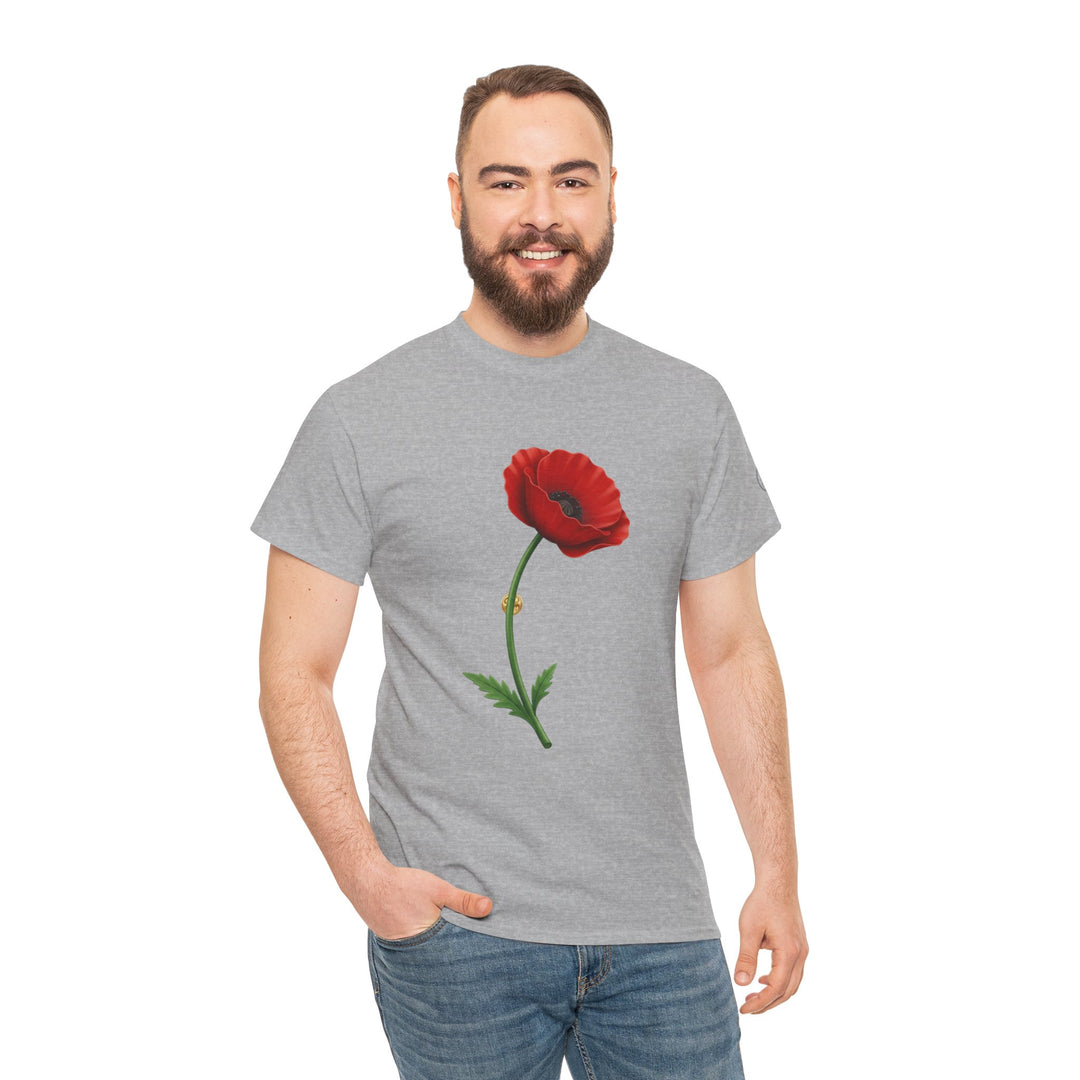 Gray t-shirt with a poppy bloom print by S&amp;W Gallus worn with jeans.