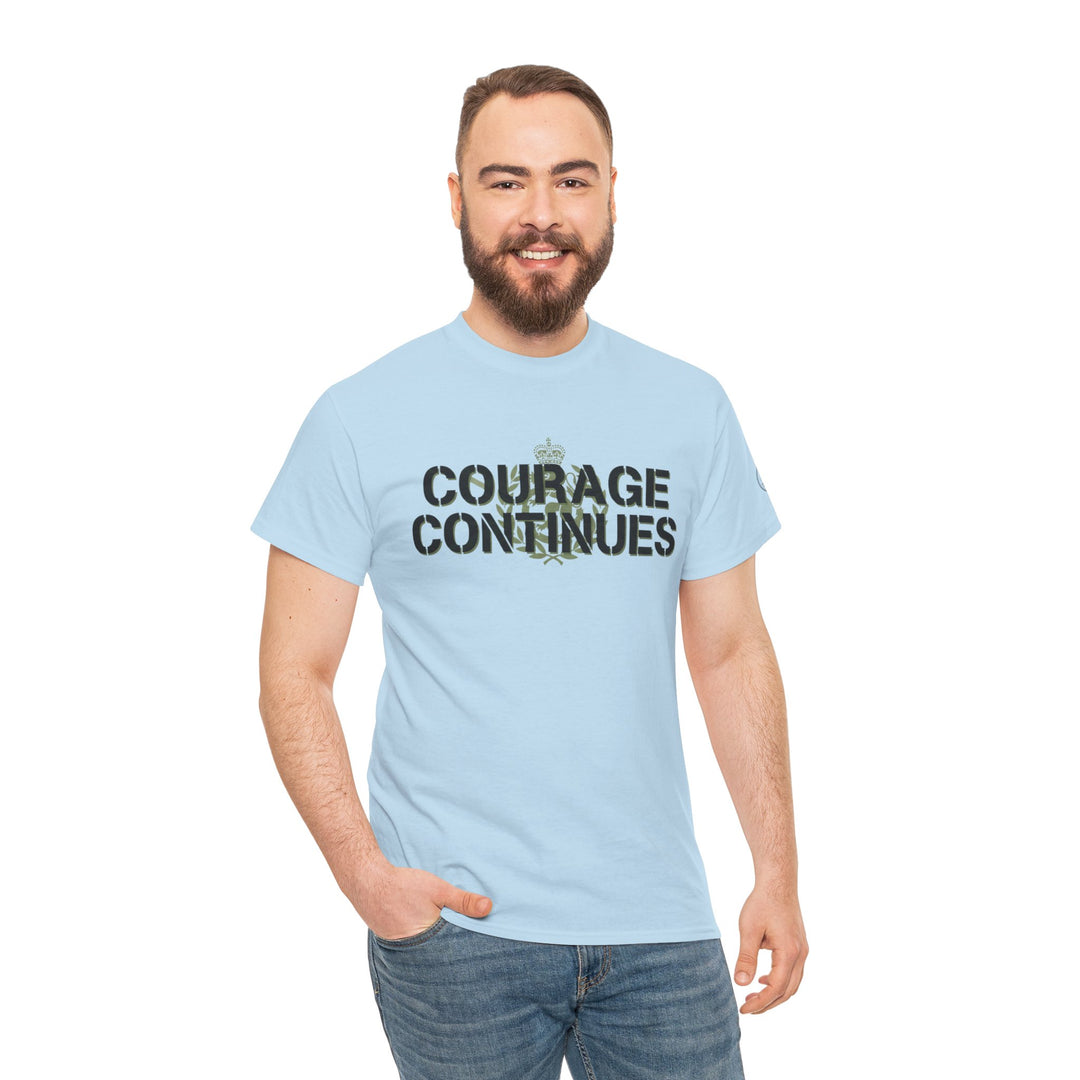 Light blue Courage Continues PTSD tee by S&amp;W Gallus with a dark crown and leafy detail. Worn with jeans.