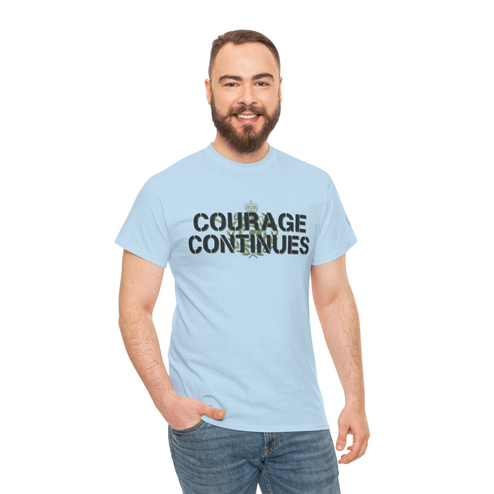 Light blue Courage Continues PTSD tee by S&amp;W Gallus with a dark crown and leafy detail. Worn with jeans.