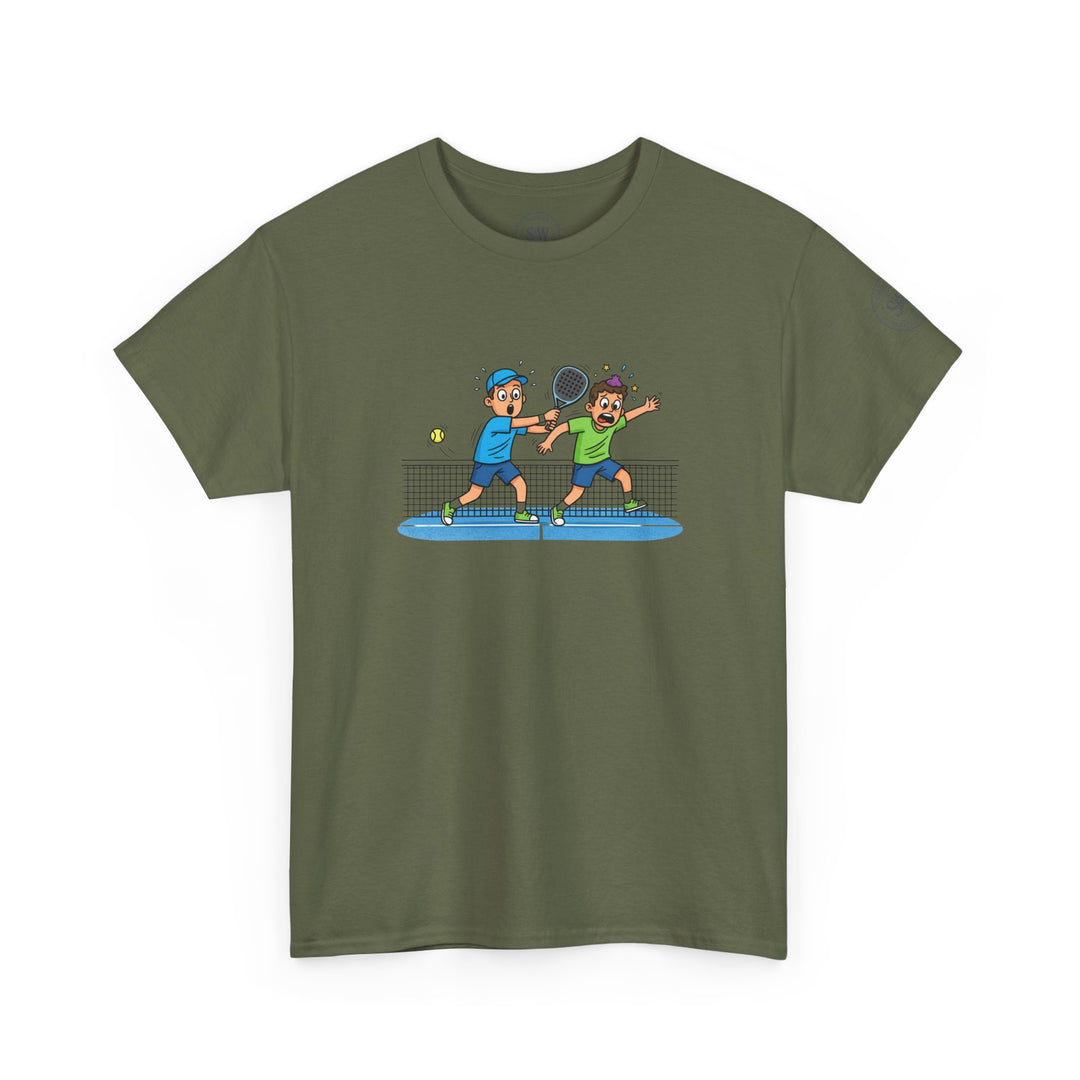 Olive green T-shirt by S&amp;W Gallus with a graphic of two boys playing padel, set against a white background.
