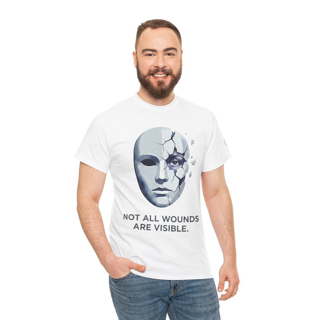 White T-shirt with "Not All Wounds Are Visible" and mask graphic, by Veteran owned, worn with jeans.