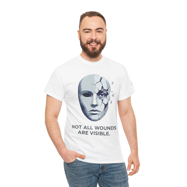 White T-shirt with "Not All Wounds Are Visible" and mask graphic, by Veteran owned, worn with jeans.