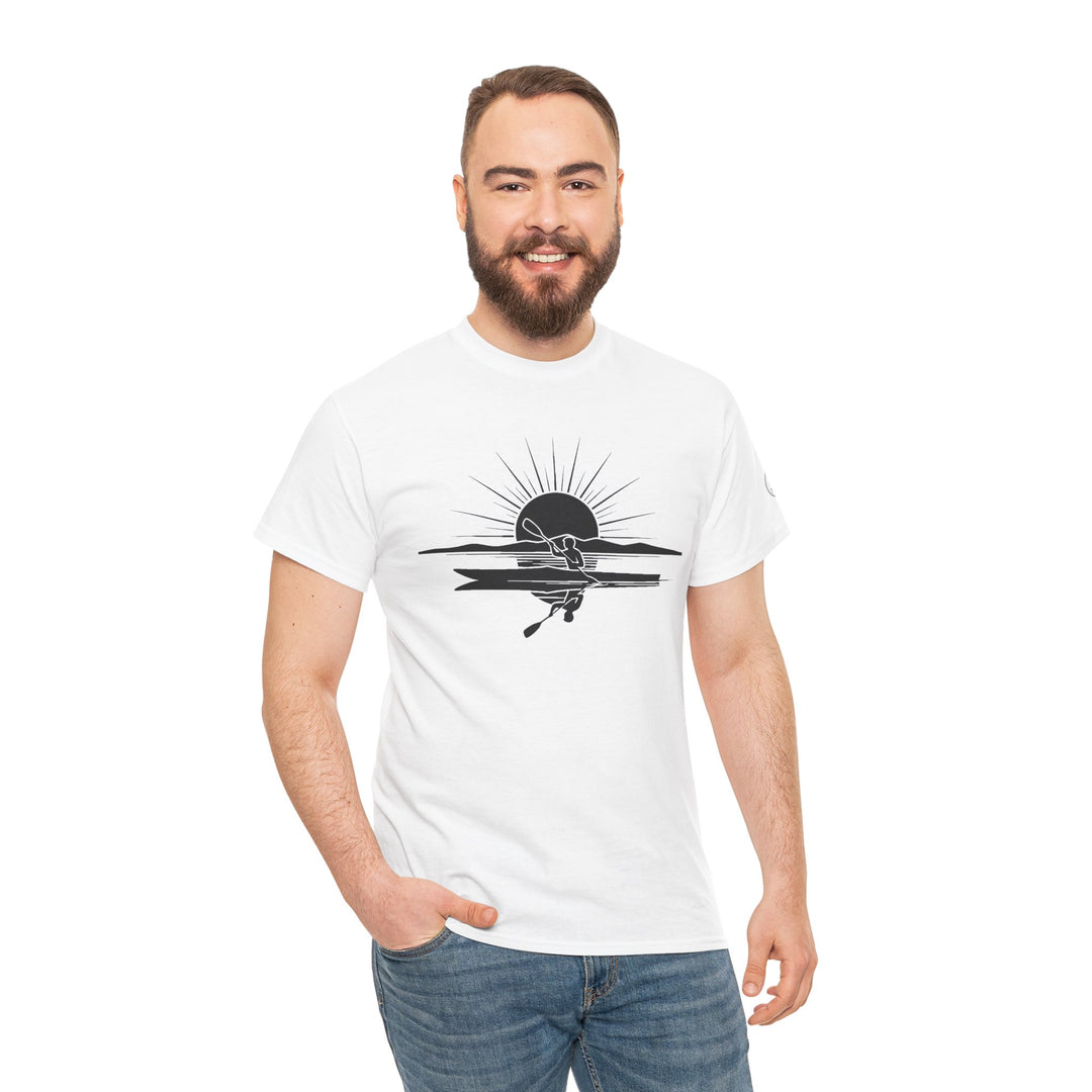 White Kayak Sunset T-Shirt by S&amp;W Gallus featuring a black graphic print, styled with jeans.