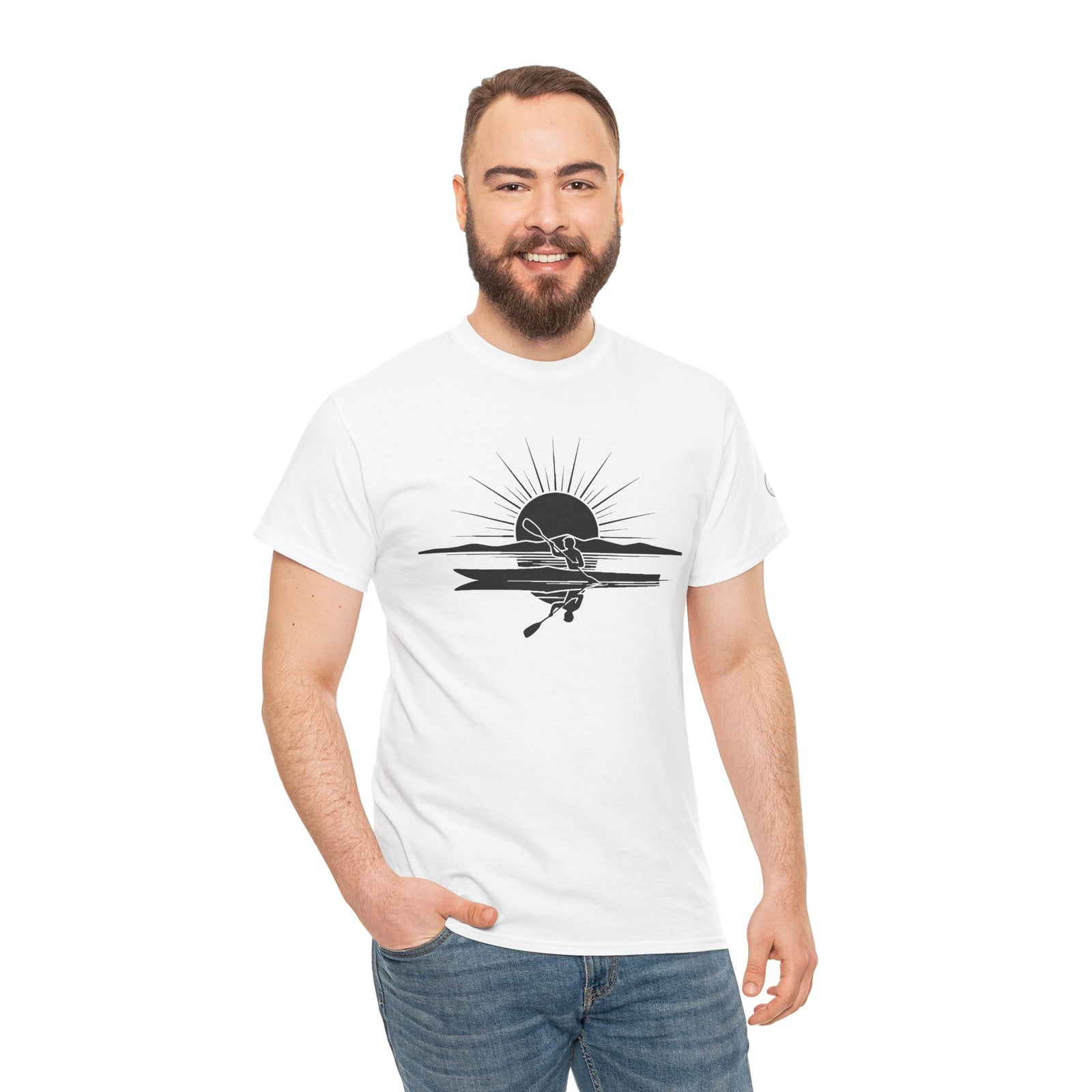 White Kayak Sunset T-Shirt by S&W Gallus featuring a black graphic print, styled with jeans.