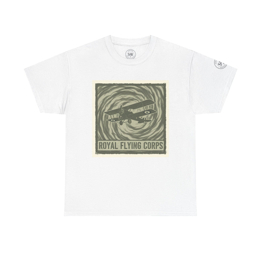 White Royal Flying Corps T-shirt by S&amp;W Gallus, featuring a vintage plane design and a circular brand logo on the collar.

