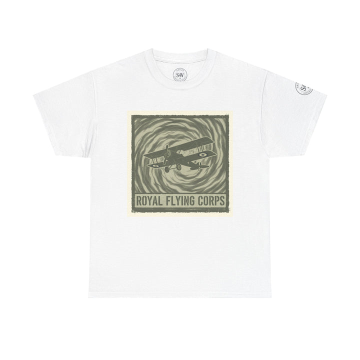 White Royal Flying Corps T-shirt by S&amp;W Gallus, featuring a vintage plane design and a circular brand logo on the collar.
