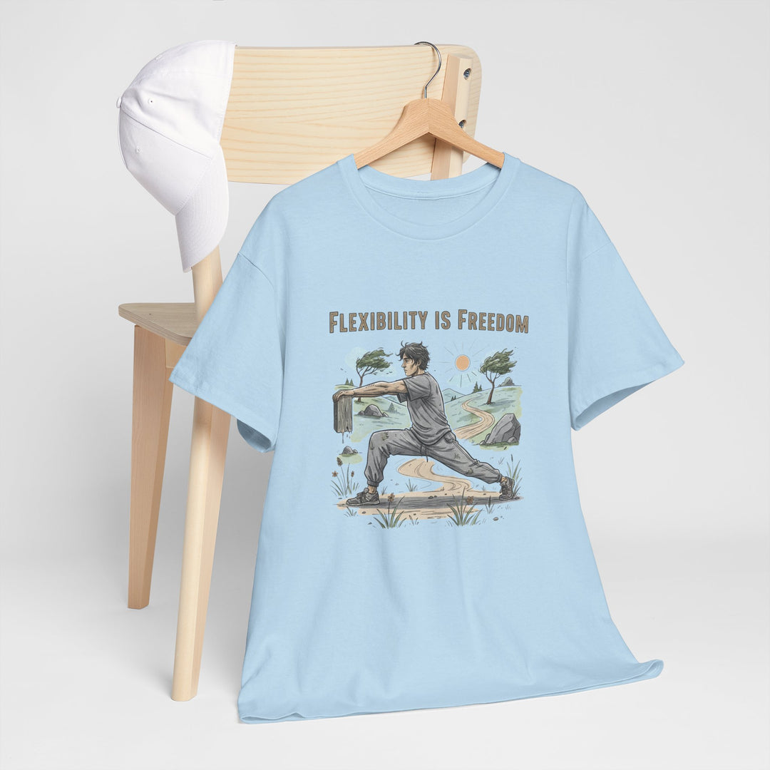 Flexibility Is Freedom Tee – soft, breathable cotton featuring a motivational design. Perfect for yoga, Pilates, stretching, or casual active lifestyle wear.