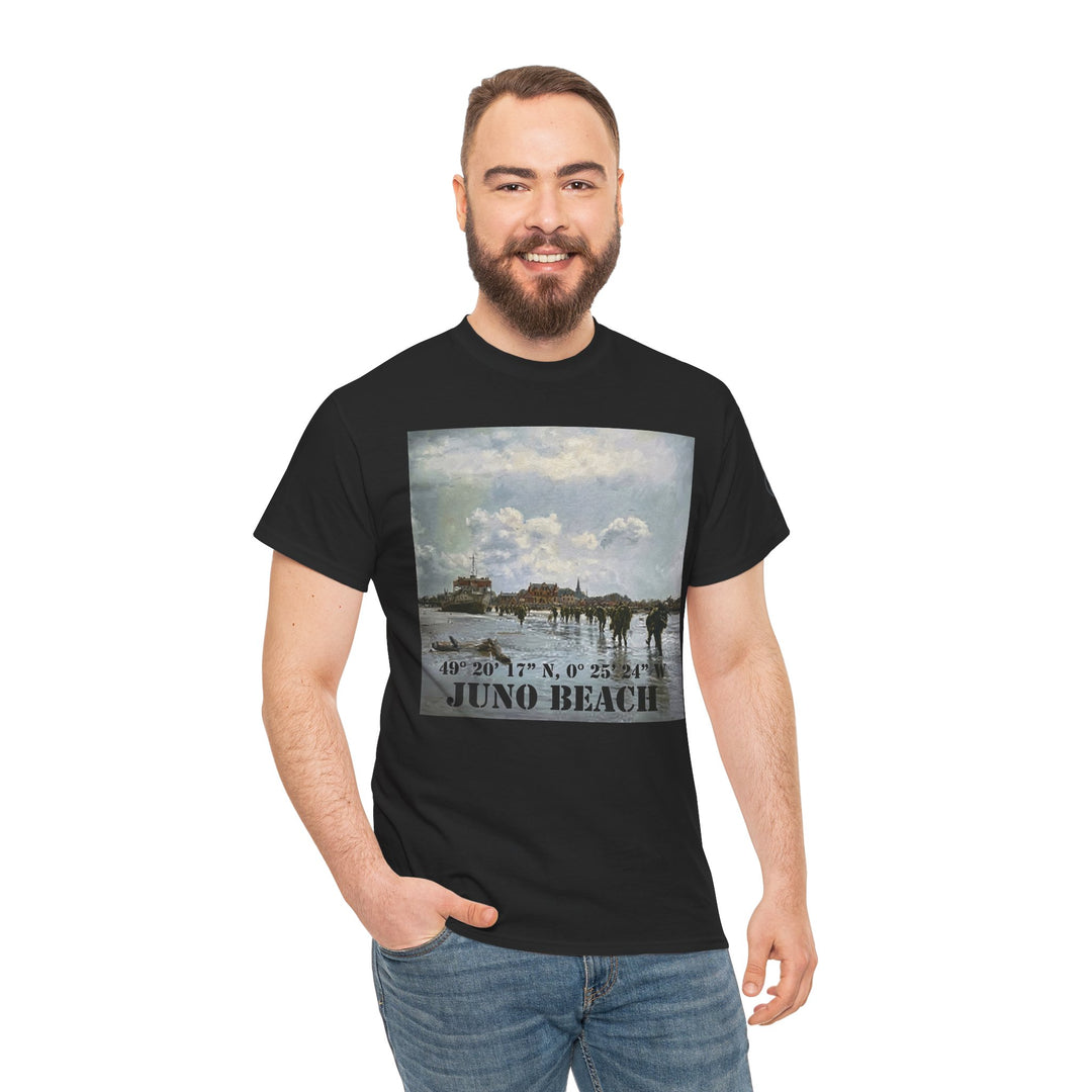 Black Juno Beach WWII Coordinates T-shirt by Veteran owned, featuring a historical image and geo coordinates.
