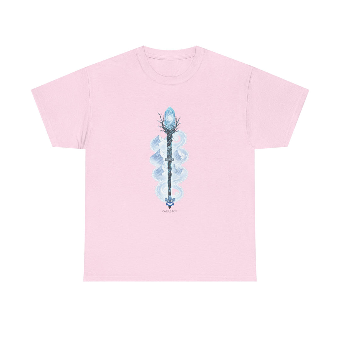 Pink t-shirt by S&amp;W Gallus, featuring a Scottish themed staff with a crystal, mountains, and the Scottish flag.
