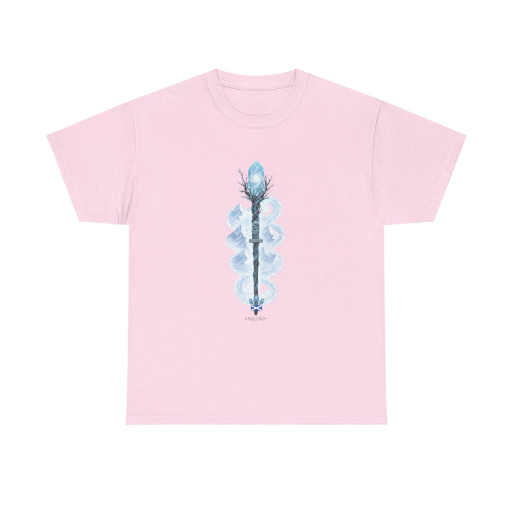 Pink t-shirt by S&amp;W Gallus, featuring a Scottish themed staff with a crystal, mountains, and the Scottish flag.