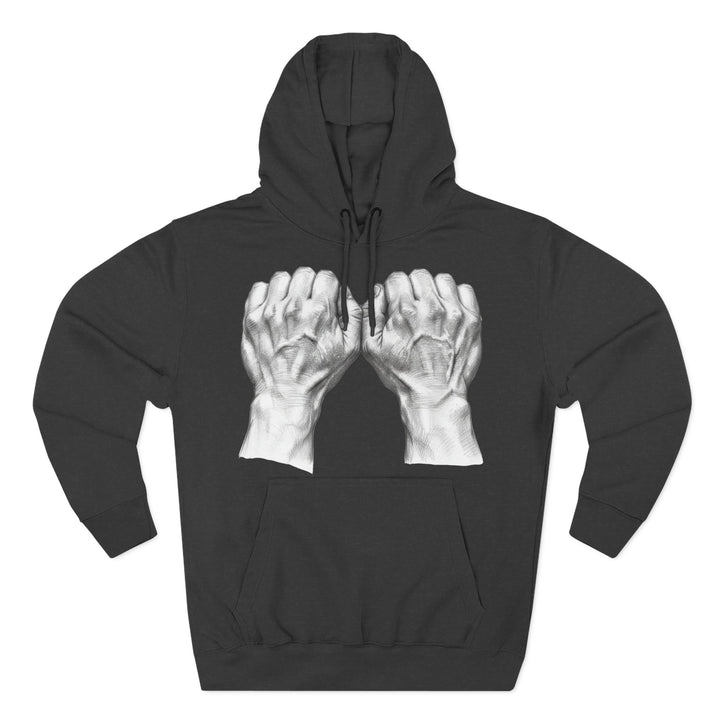 Charcoal hoodie by S&amp;W Gallus featuring a detailed drawing of hands with entwined pinky fingers.