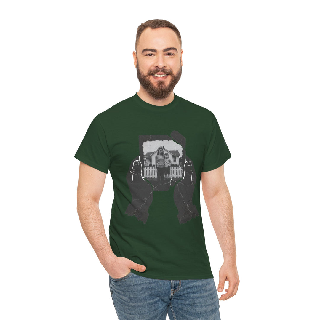 Green t-shirt by S&amp;W Gallus, featuring a grayscale photograph held in cracked hands.