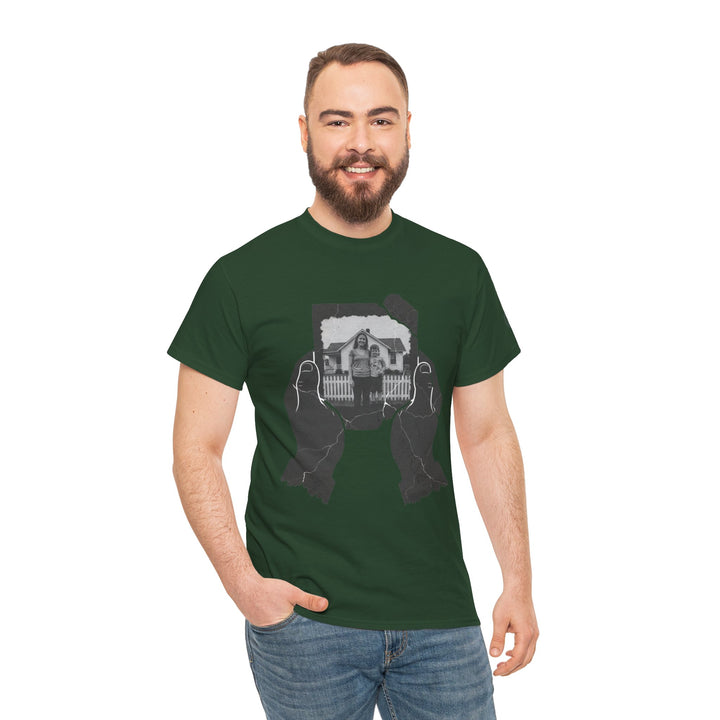 Green t-shirt by S&amp;W Gallus, featuring a grayscale photograph held in cracked hands.