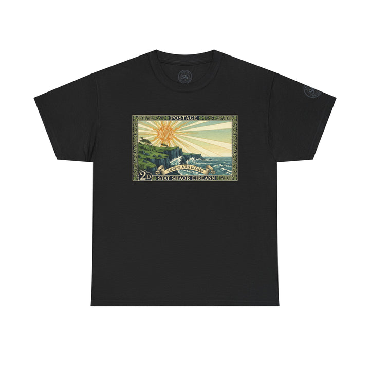 Black T-shirt by S&amp;W Gallus featuring a vintage Irish postage stamp graphic on the front.