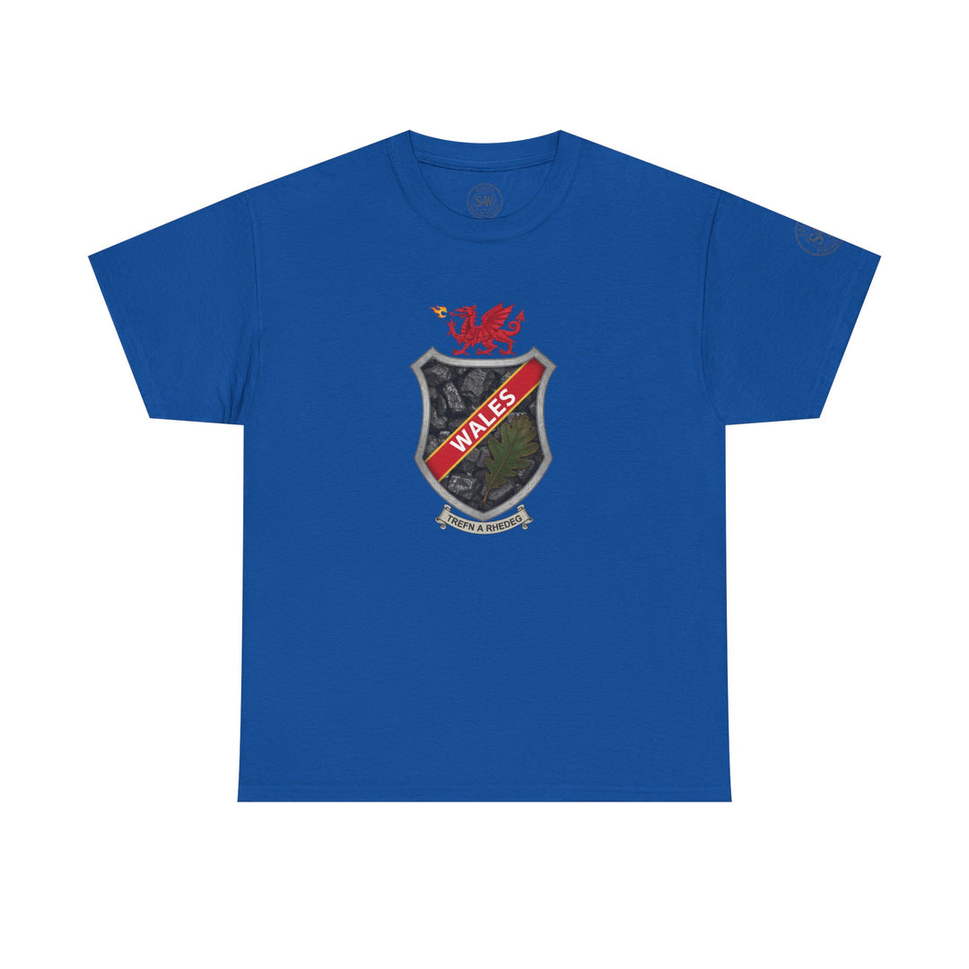 Blue t-shirt by S&amp;W Gallus featuring a Wales shield crest graphic on the front.