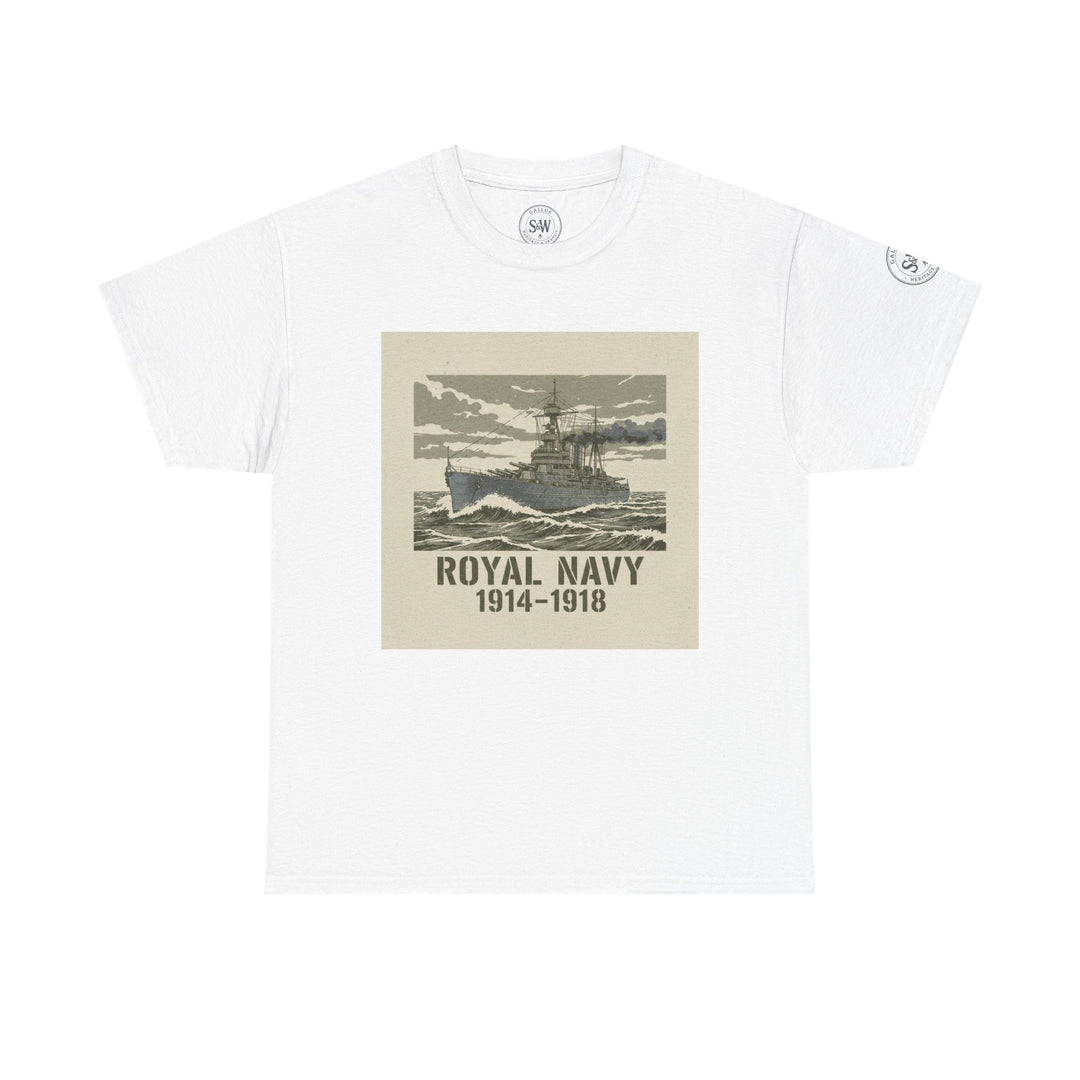 White t-shirt by S&amp;W Gallus, featuring a vintage illustration of a Royal Navy battleship with the years 1914-1918 underneath.