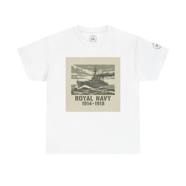 White t-shirt by S&amp;W Gallus, featuring a vintage illustration of a Royal Navy battleship with the years 1914-1918 underneath.
