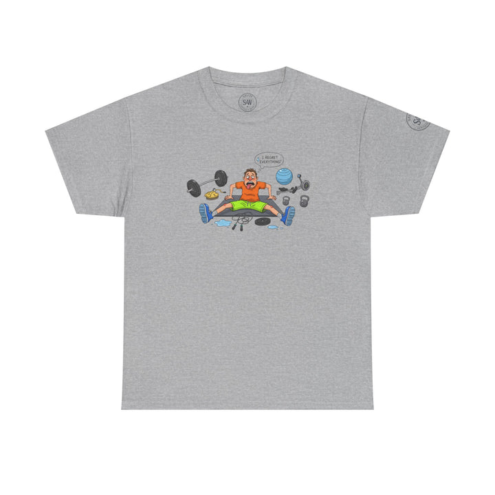 Gray t-shirt with a gym cartoon by S&amp;W Gallus, featuring a man regretting his workout surrounded by gym equipment.