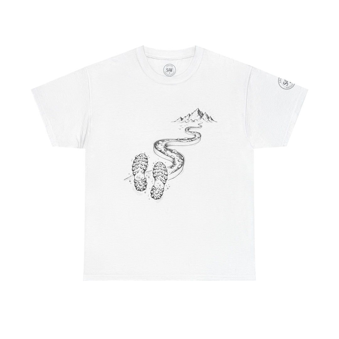 White t-shirt by S&amp;W Gallus featuring a black and white hiking trail graphic with footprints.