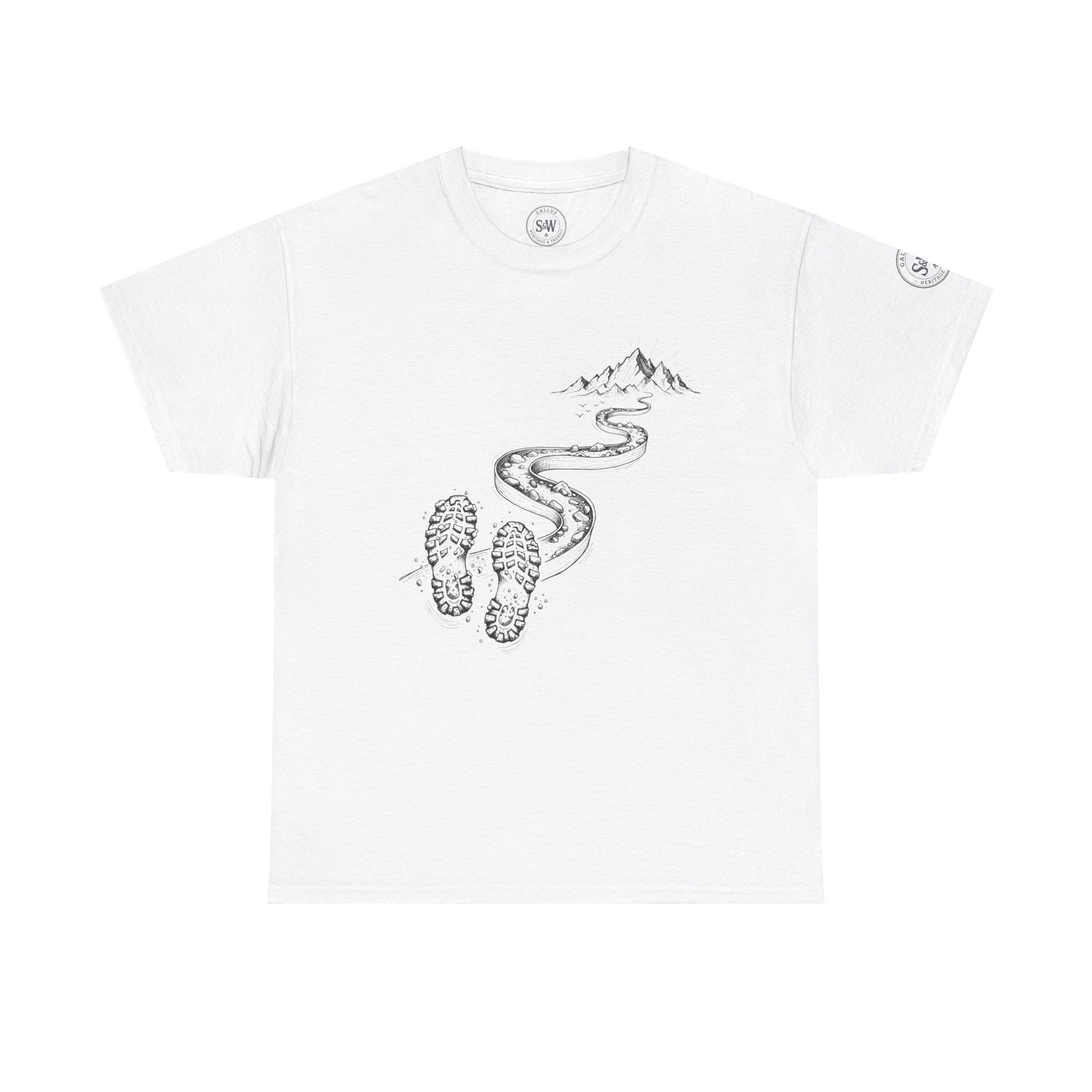 White t-shirt by S&W Gallus featuring a black and white hiking trail graphic with footprints.