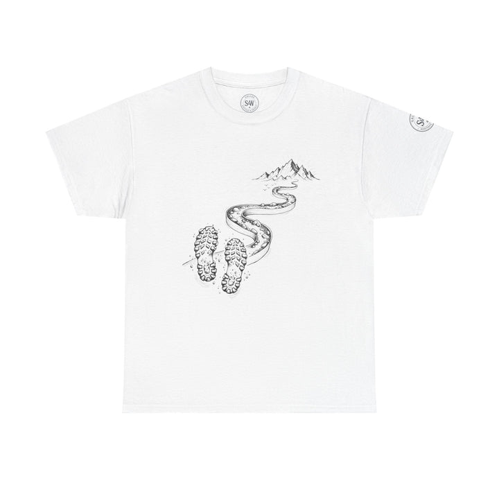 White t-shirt by S&amp;W Gallus featuring a black and white hiking trail graphic with footprints.