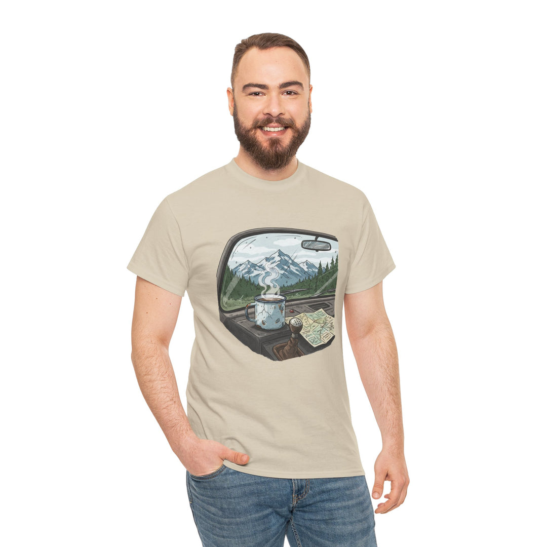 Van Roadtrip View T-Shirt featuring a scenic travel-inspired design. Soft cotton comfort perfect for van life, road trips, and outdoor adventures.