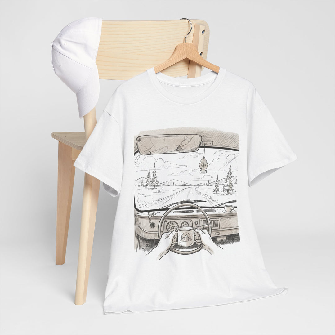 Scenic Drive Van Illustration Tee – soft cotton with a detailed van and landscape design. Perfect for road trips, outdoor adventures, and casual wear.