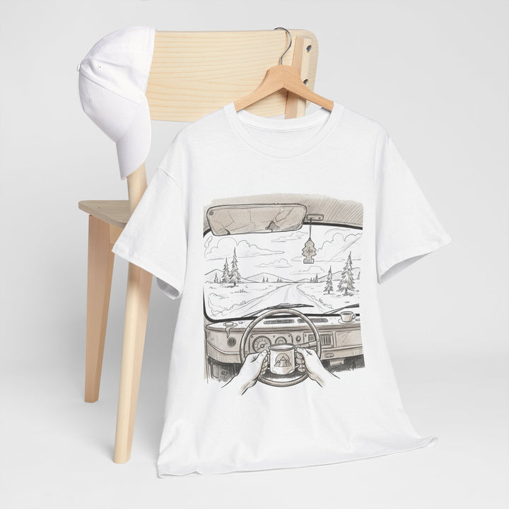 Scenic Drive Van Illustration Tee – soft cotton with a detailed van and landscape design. Perfect for road trips, outdoor adventures, and casual wear.