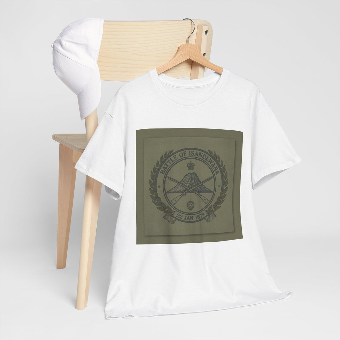 Isandlwana vintage military emblem crewneck T-shirt. Heritage graphic design inspired by historic battlefield legacy.