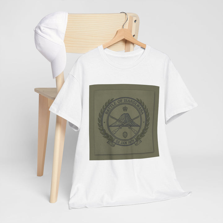 Isandlwana vintage military emblem crewneck T-shirt. Heritage graphic design inspired by historic battlefield legacy.