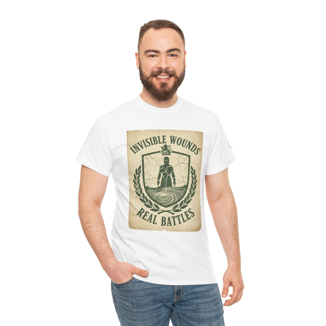 White t-shirt with "Invisible Wounds" graphic by S&amp;W Gallus, worn with blue jeans by a smiling man.