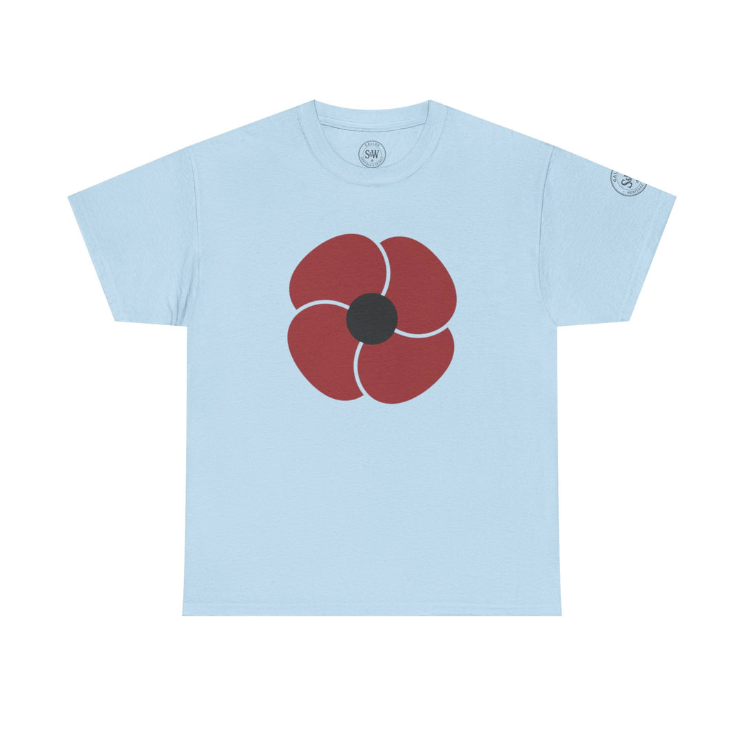 Light blue t-shirt by S&amp;W Gallus featuring a red remembrance poppy with a black center.
