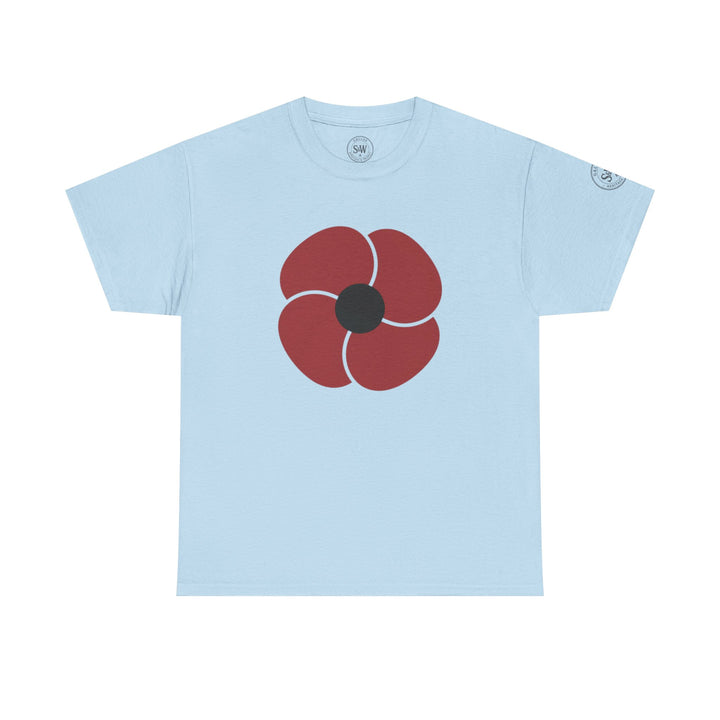 Light blue t-shirt by S&amp;W Gallus featuring a red remembrance poppy with a black center.